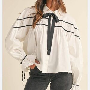 MARBLE White Blouse with Black Ribbon Detail